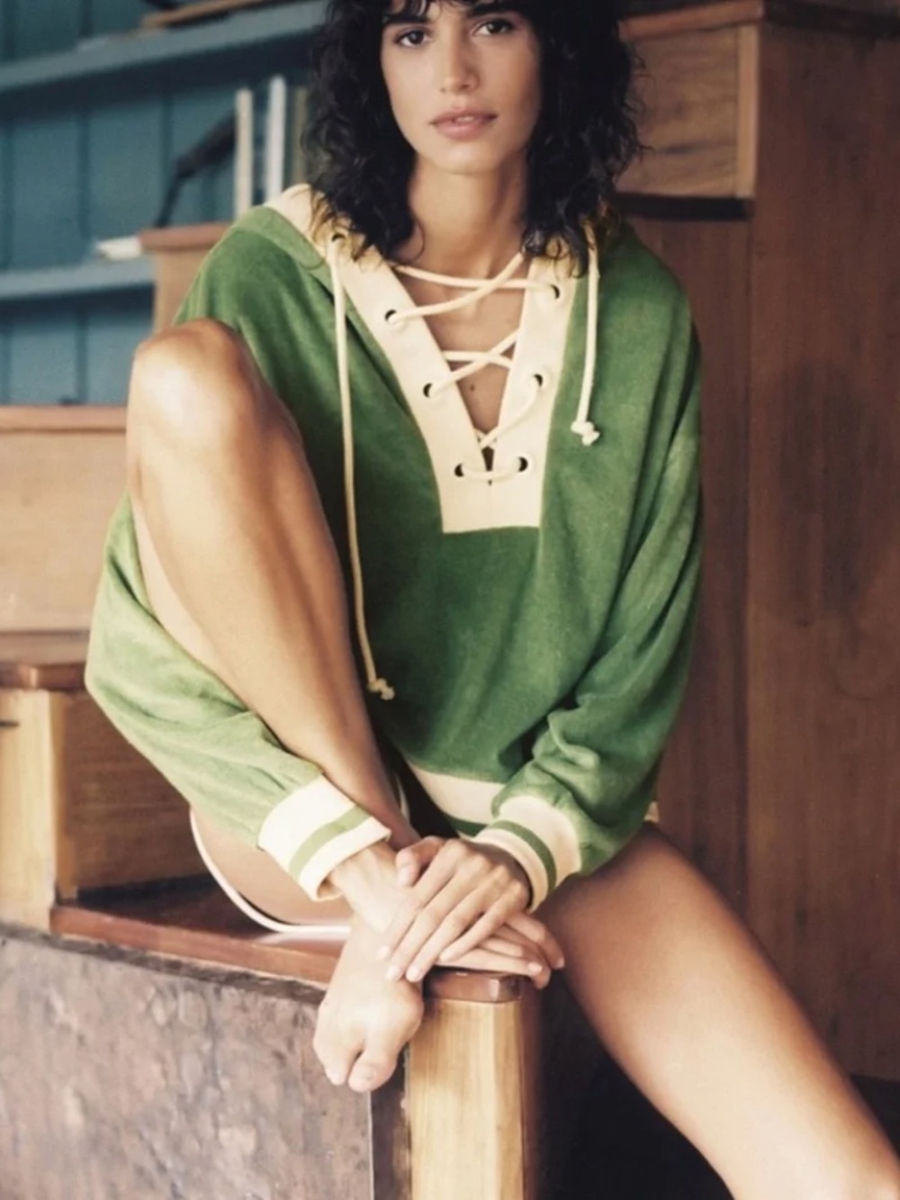 ZARA Green Tennis Hoodie With Cream Details